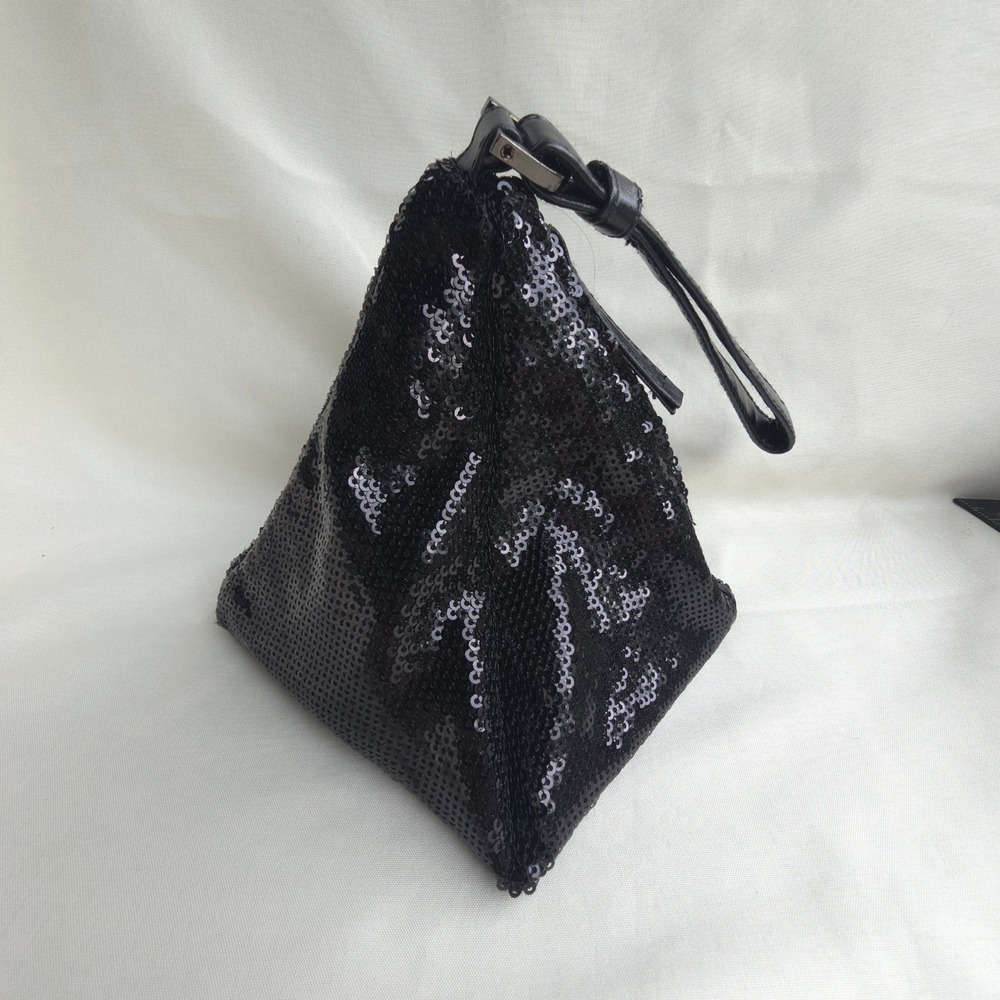 Cache Black Sequin Triangle Wristlet Evening Bag Pyramid Clutch Mini Pouch Y2K